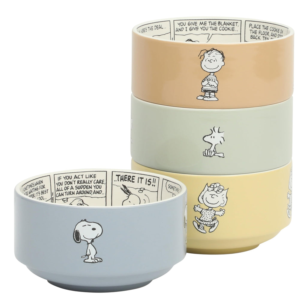 Peanuts Snoopy Bonbon Bites 4-Piece 5.5-Inch Decorated Stoneware Ceramic Stackable Bowl Set, Microwave & Dishwasher Safe Snack and Dessert Bowls