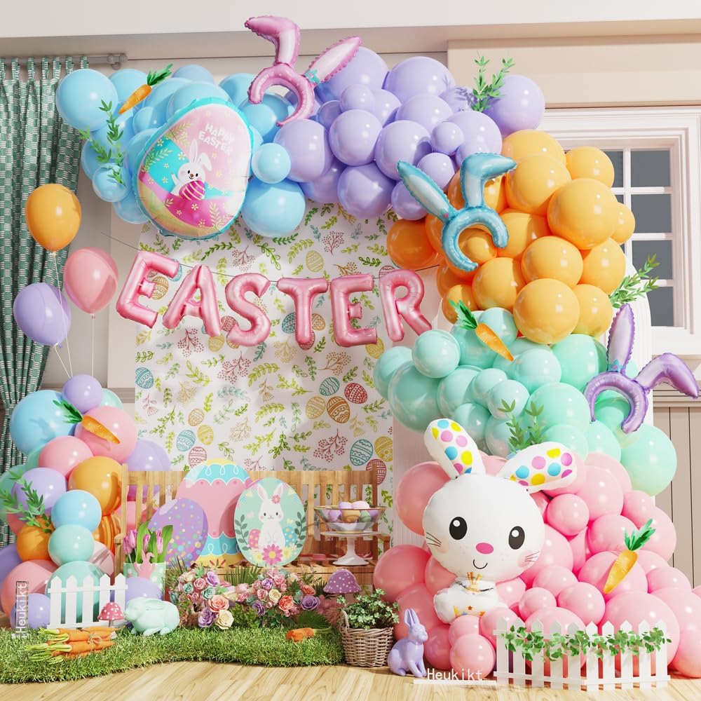 Pastel Balloon Arch Kit by Easter - 145PCS with Bunny Ear Headband & Foil Balloons for Spring Celebrations