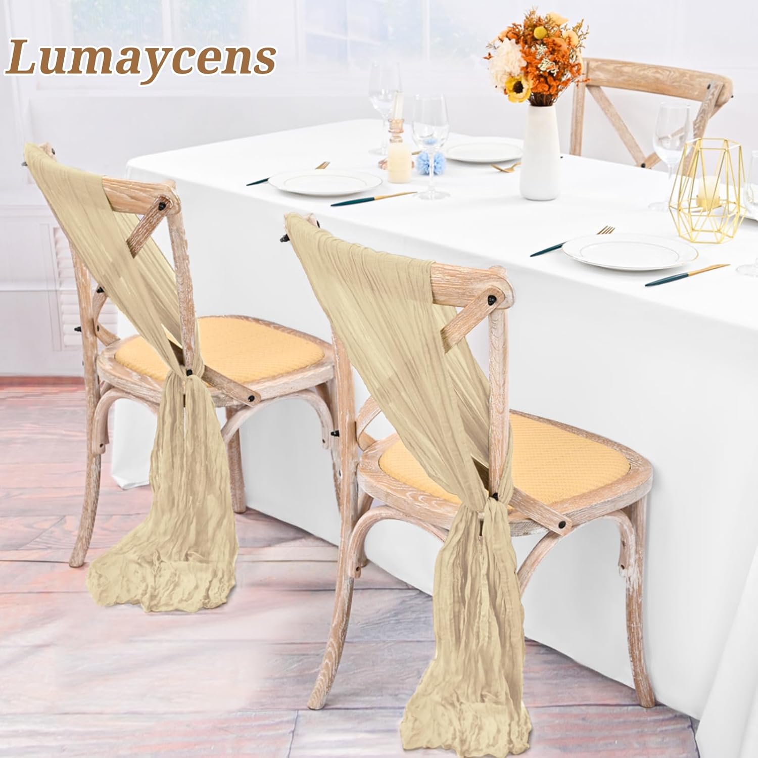 Skiennix 50 PCS Cheesecloth Chair Sashes - Elegant Wedding Aisle Decorations | Beige Ribbon Ties