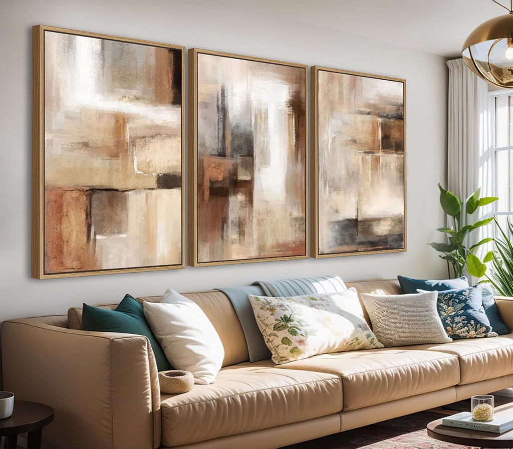 Skiennix Large Framed Canvas Wall Art - Brown Abstract Paintings for Living Room Decor | Set of 3 (48" x 24")