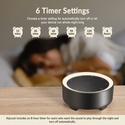 Kipcush White Noise Machine - 20 Soothing Sounds (Natural, White/Pink/Brown Noise, Fan), 2 Customizable Shortcuts, Soft Glow Non-Glaring Night Light, 8H Timer, USB-Powered (No Adapter/Battery)