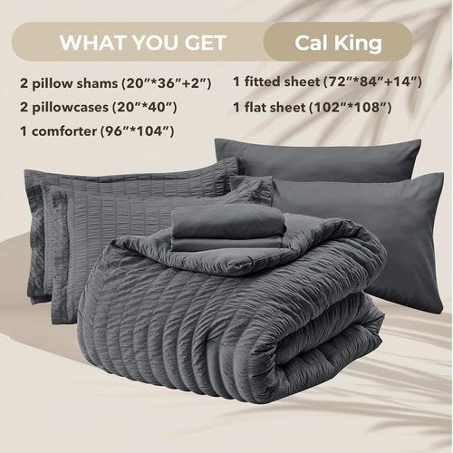 HYMOKEGE California King Comforter Set - 7-Piece Seersucker Luxury Bedding in Dark Grey