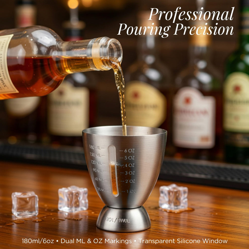 Homestia 18/8 Stainless Steel Double Jigger for Bartending, Cocktail Measuring Jigger for Bartender with Graduated Marking 1 oz to 6 oz Heavy Duty Shot Measure Cup With 1 Pourer (Set of 2)