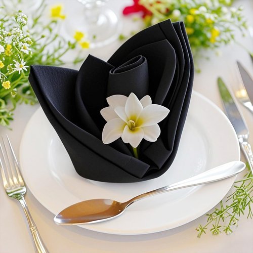 FOLINS&HOME Black Heavy Duty Cloth Napkins Set of 4 - Decorative 17x17 Inch Polyester Napkins with Hemmed Edges, 210GSM, Washable & Reusable for Dinner, Wedding, Party, Banquet & Everyday Use