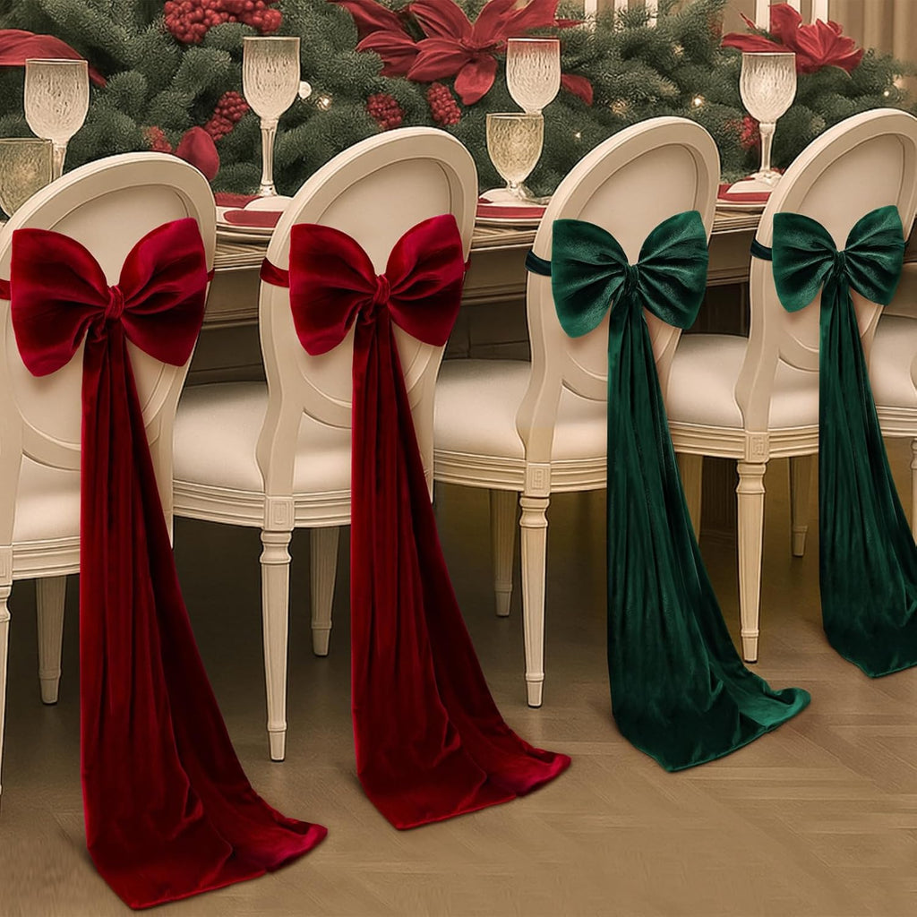 Suncalla Velvet Chair Bows - Elegant 12 x 43 Inch Red & Green Sashes for Weddings, Parties & Decor