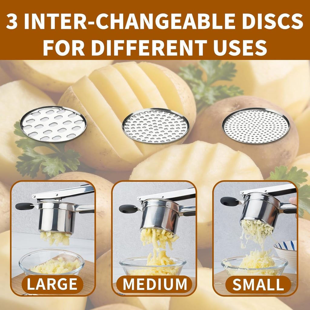 Skiennix Potato Ricer - Heavy Duty Stainless Steel with 3 Interchangeable Discs & Silicone Handle | Perfect for Mashed Potatoes