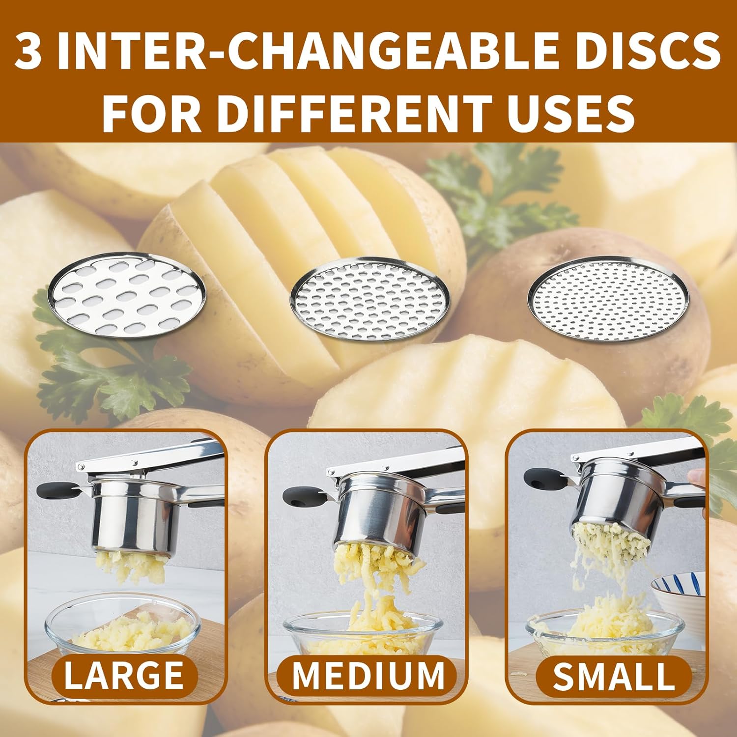 Skiennix Potato Ricer - Heavy Duty Stainless Steel with 3 Interchangeable Discs & Silicone Handle | Perfect for Mashed Potatoes