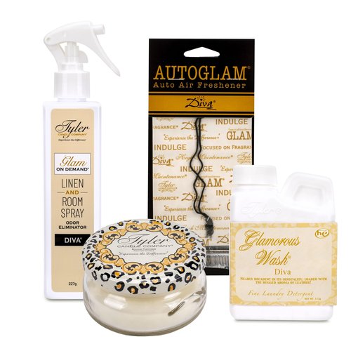 Tyler Candle Company - Diva Glamorous Gift Suite VI - (On Demand Room Spary, Glamorous Wash, Jar Candle, Autoglam)