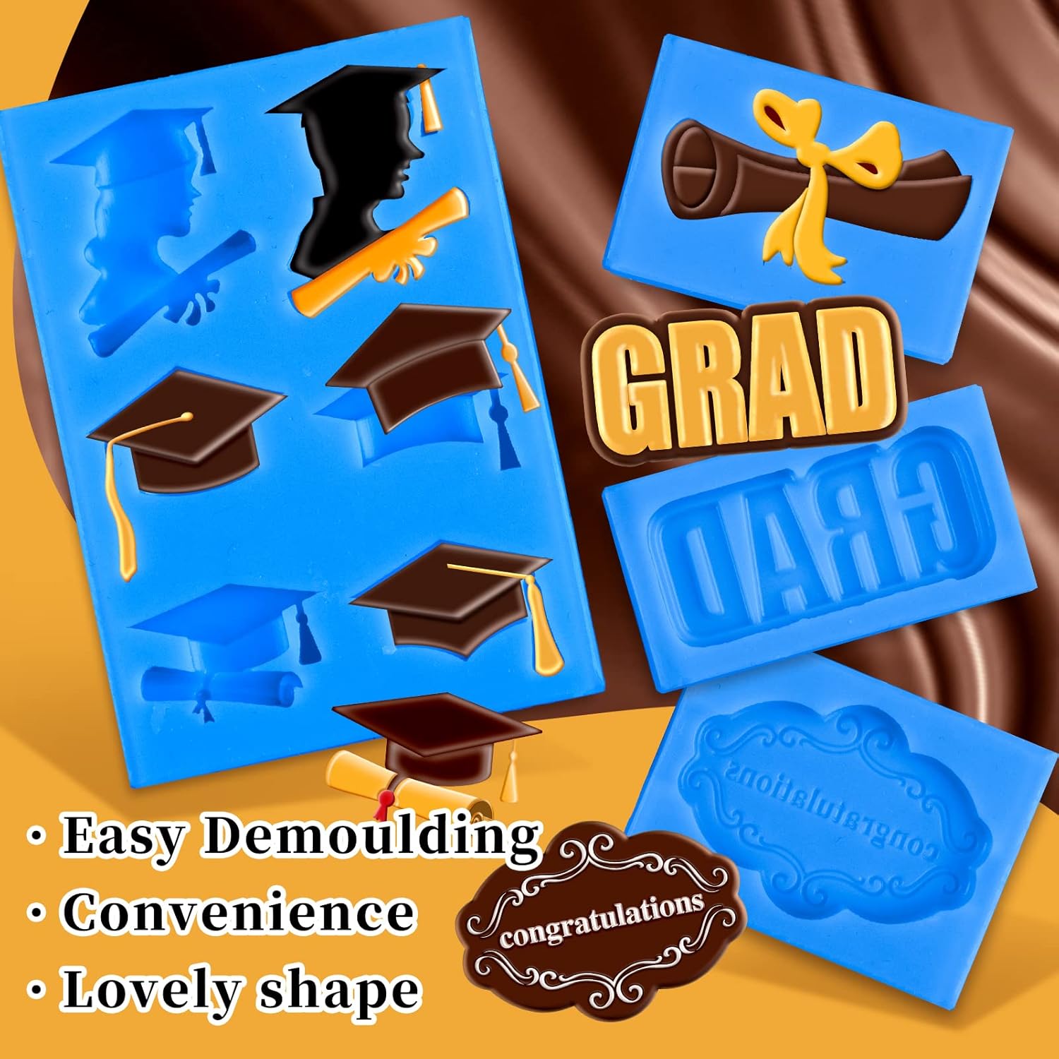Whaline Graduation Mini Fondant Molds - 4 Pack Silicone Caps & Diplomas for Cake Decoration | Blue