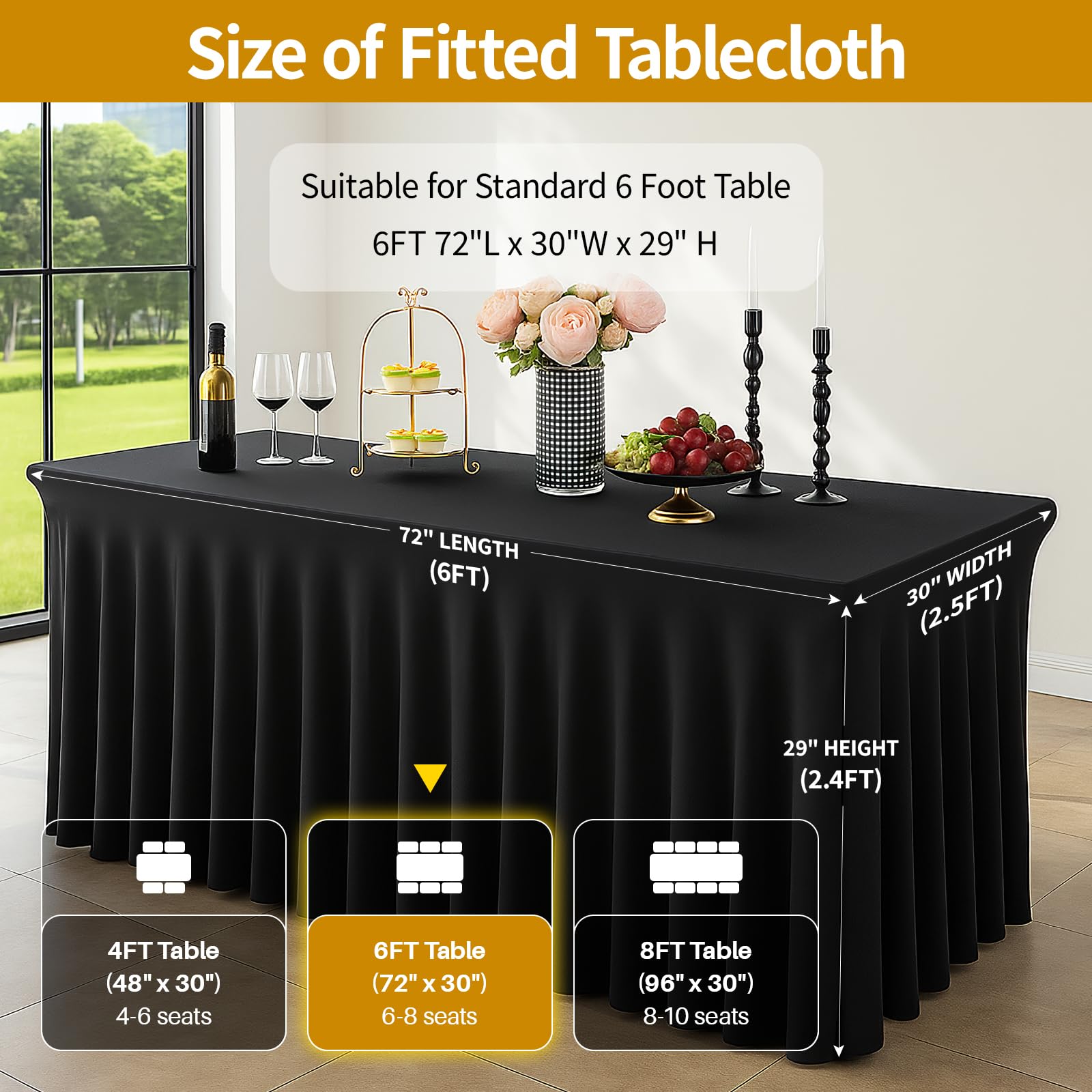 Deep Dream 4 Pack Black Spandex Fitted Tableclothes for 6 Foot Rectangle Tables, Wrinkle Free 6FT Fitted Table Cover, Stretch Tablecloth Table Skirt for Party, Banquet, Wedding and Events