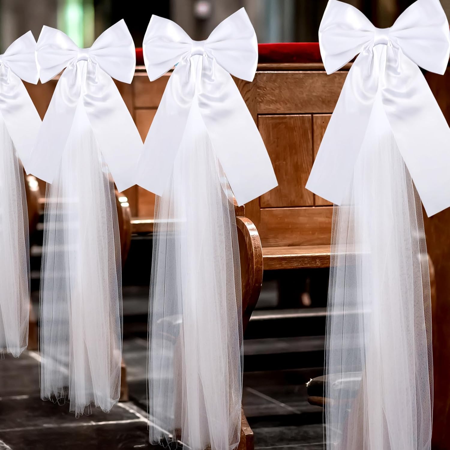 Skiennix Large White Wedding Pew Bows - 12 Pcs Satin Bows with Tulle Aisle Decor | 15.7 x 7.9 in