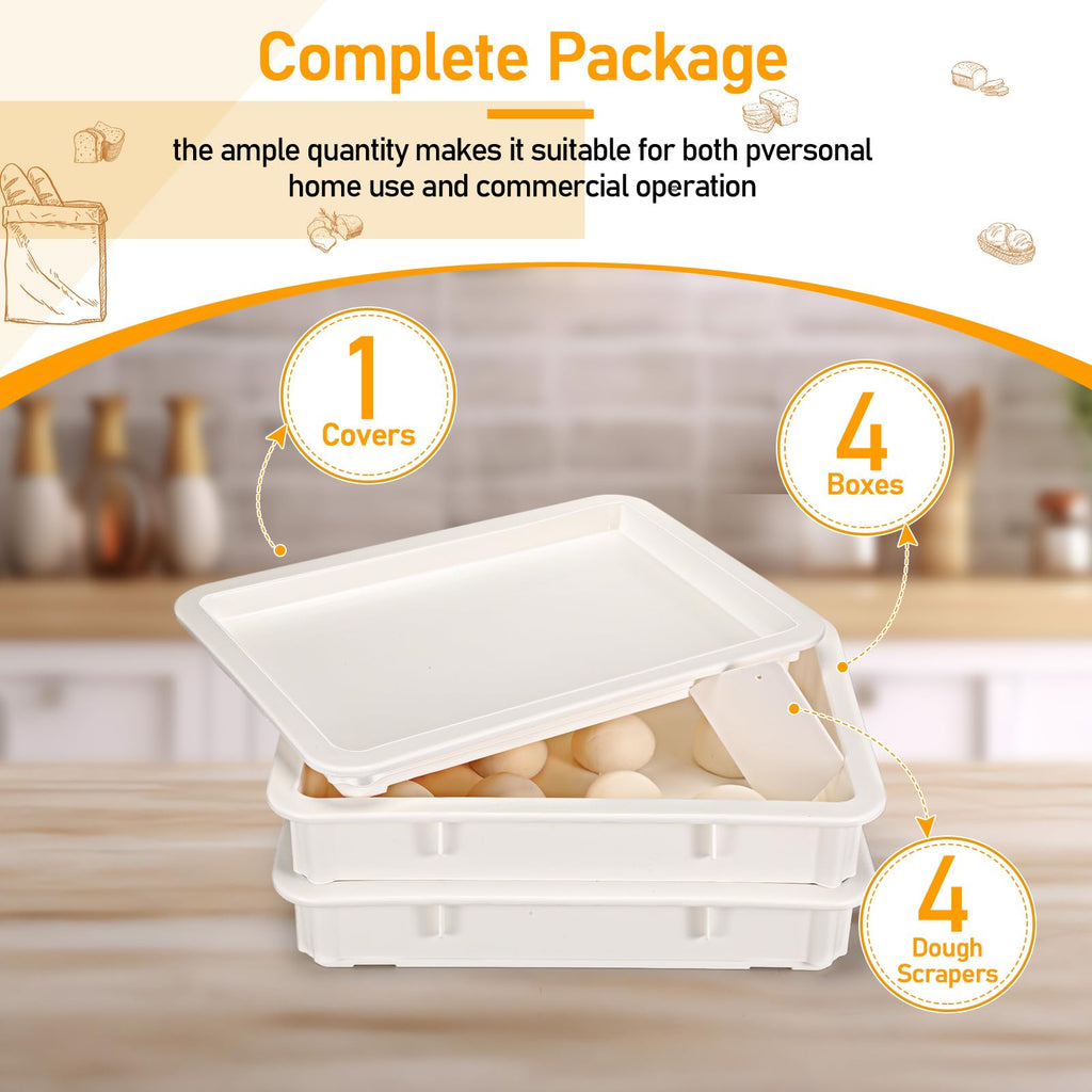 Suzile 4 Pcs Pizza Dough Proofing Box Plastic Stackable Trays with Covers Food Storage Containers, 17.83'' x 12.8'' x 3.23'', 4 Trays with 1 Cover