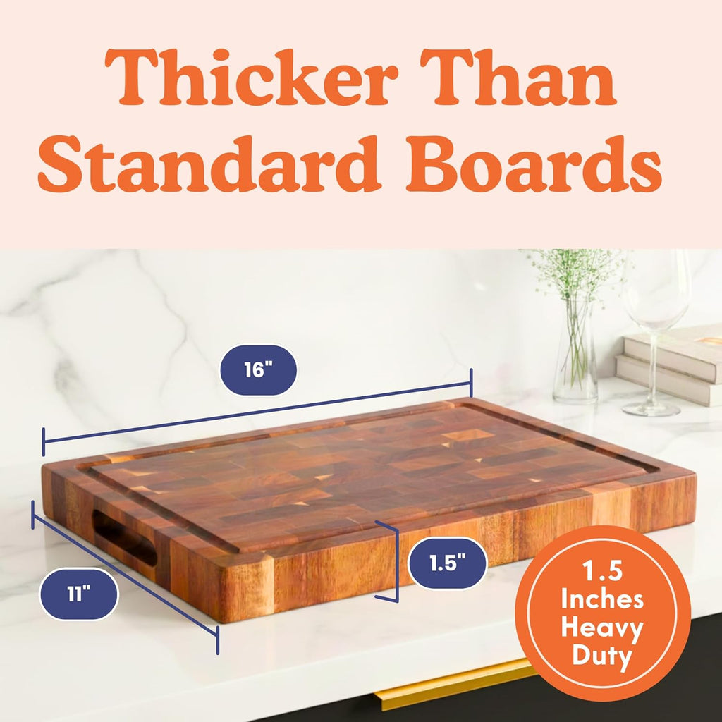 Ziruma End Grain Butcher Block Cutting Board - 1.5" Thick Acacia Wood | 16" x 11" Chopping Board, Beeswax Conditioned