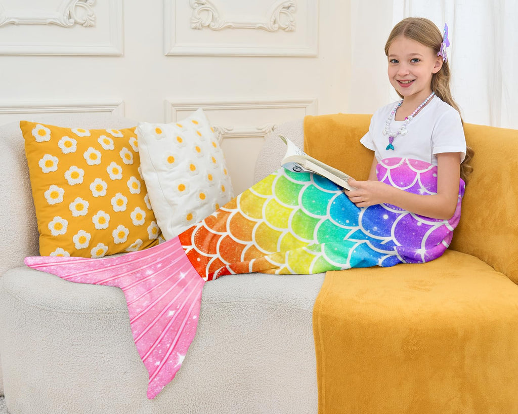 NikNio Mermaid Tail Blanket for Girls Soft Flannel Wearable Blanket Sleeping Snuggle Kids Christmas Gift Ideal 3-4 4-6 7-8 10-12 Rainbow Pattern