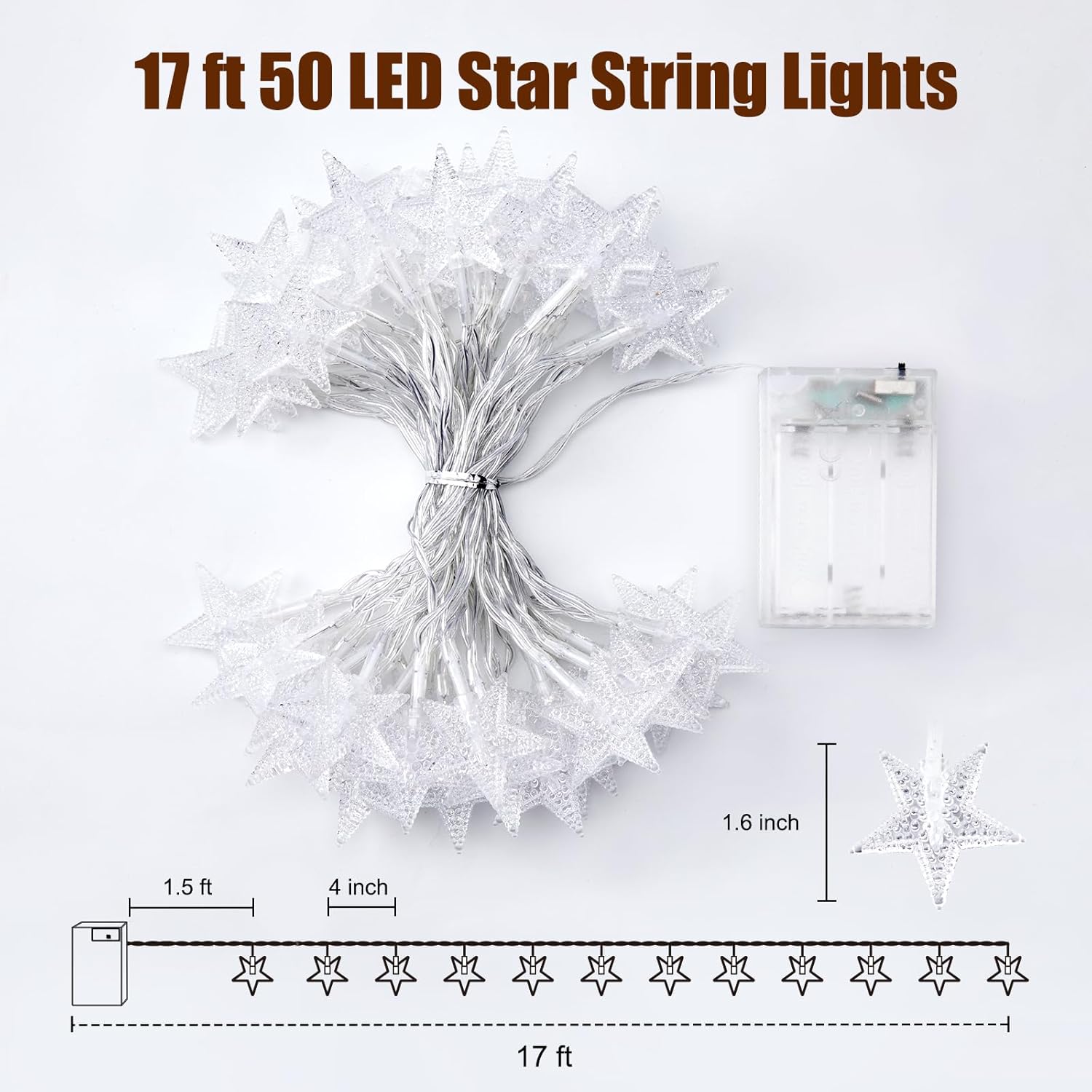 Minetom Star String Lights - 50 LED Battery Operated Fairy Lights | 17 ft Waterproof Warm White for Indoor & Outdoor Decor