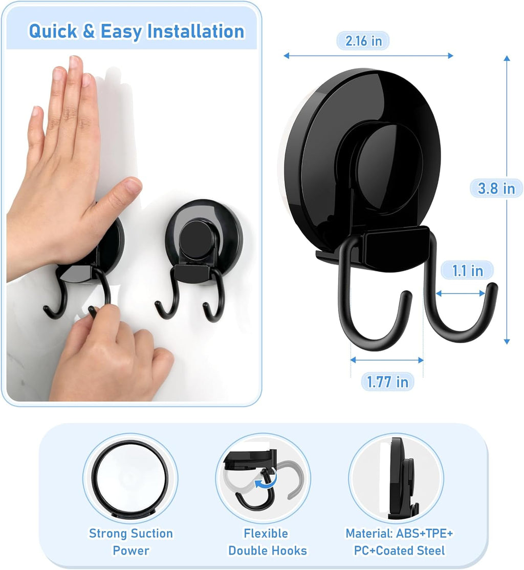 VIS'V Heavy Duty Shower Suction Cup Hooks - Removable & Reusable Double Hooks, Black (2 Pcs)