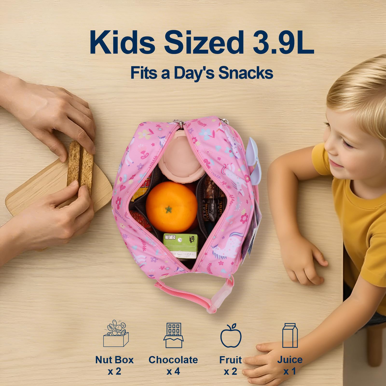 Bagseri Kids Snack Bag Girls - Small Reusable Mini Cooler Pouch, Insulated 3.9L Food Carrier with Buckle Handle for School and Daycare, Fits in Backpack, Glitter Pink Unicorn