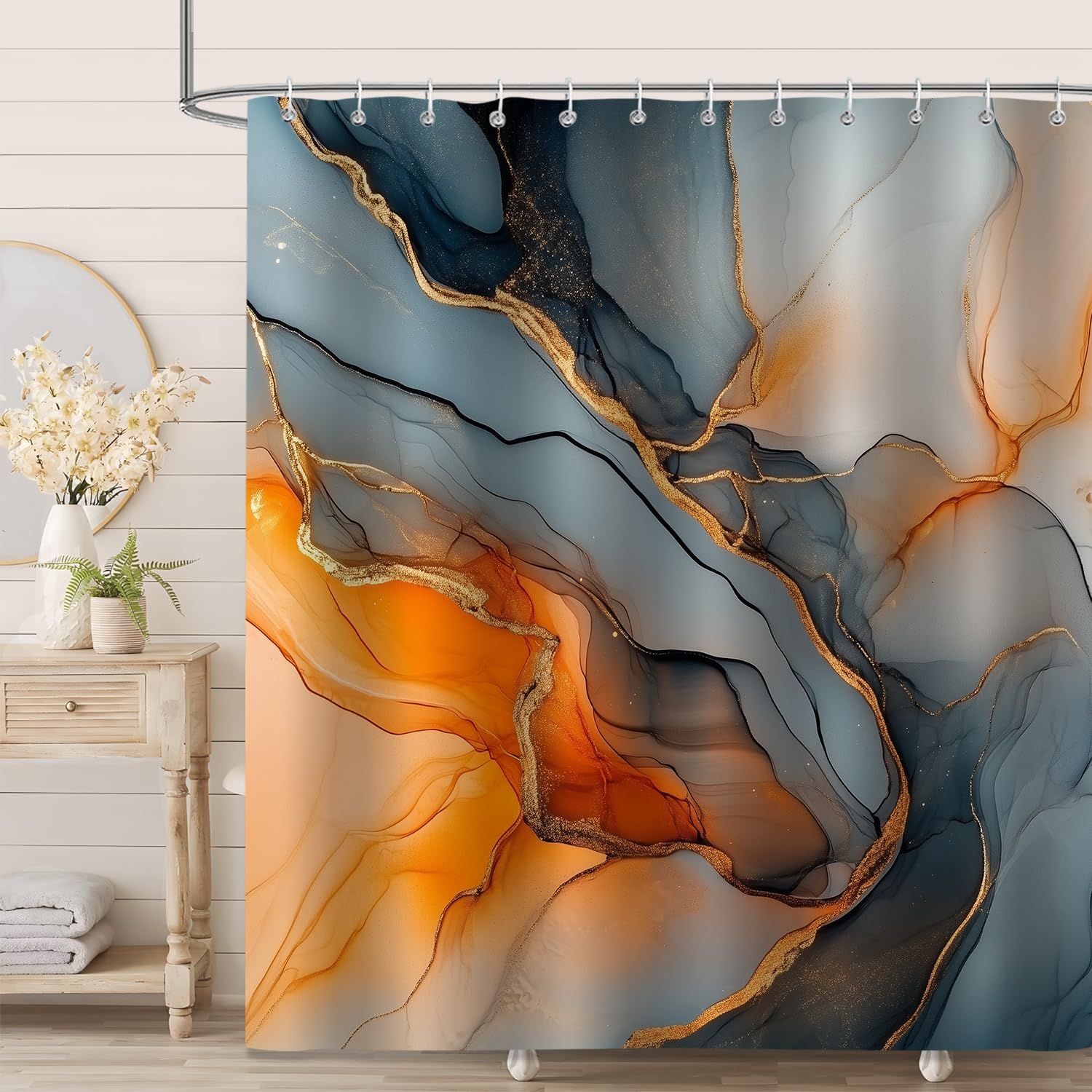 Moonslim Black Gold Marble Shower Curtains, Orange Grey Abstract Marble Shower Curtain, Modern Fabric Bath Curtain for Bathroom Decor Waterproof Cloth with Hooks 72X72 Inch