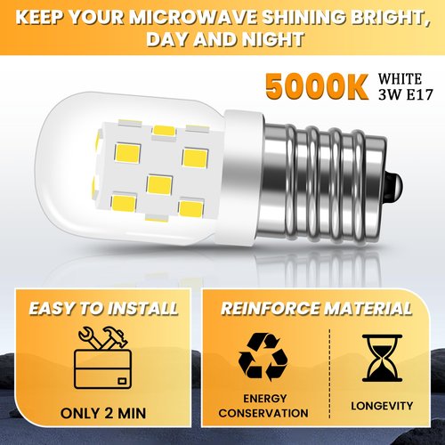 AMI PARTS E17 LED Light Bulb 3W 380LM 5000K Daylight White 8206232A Microwave Bulbs Under Hood Refrigerators Oven 2 Packs-Non-dimmable