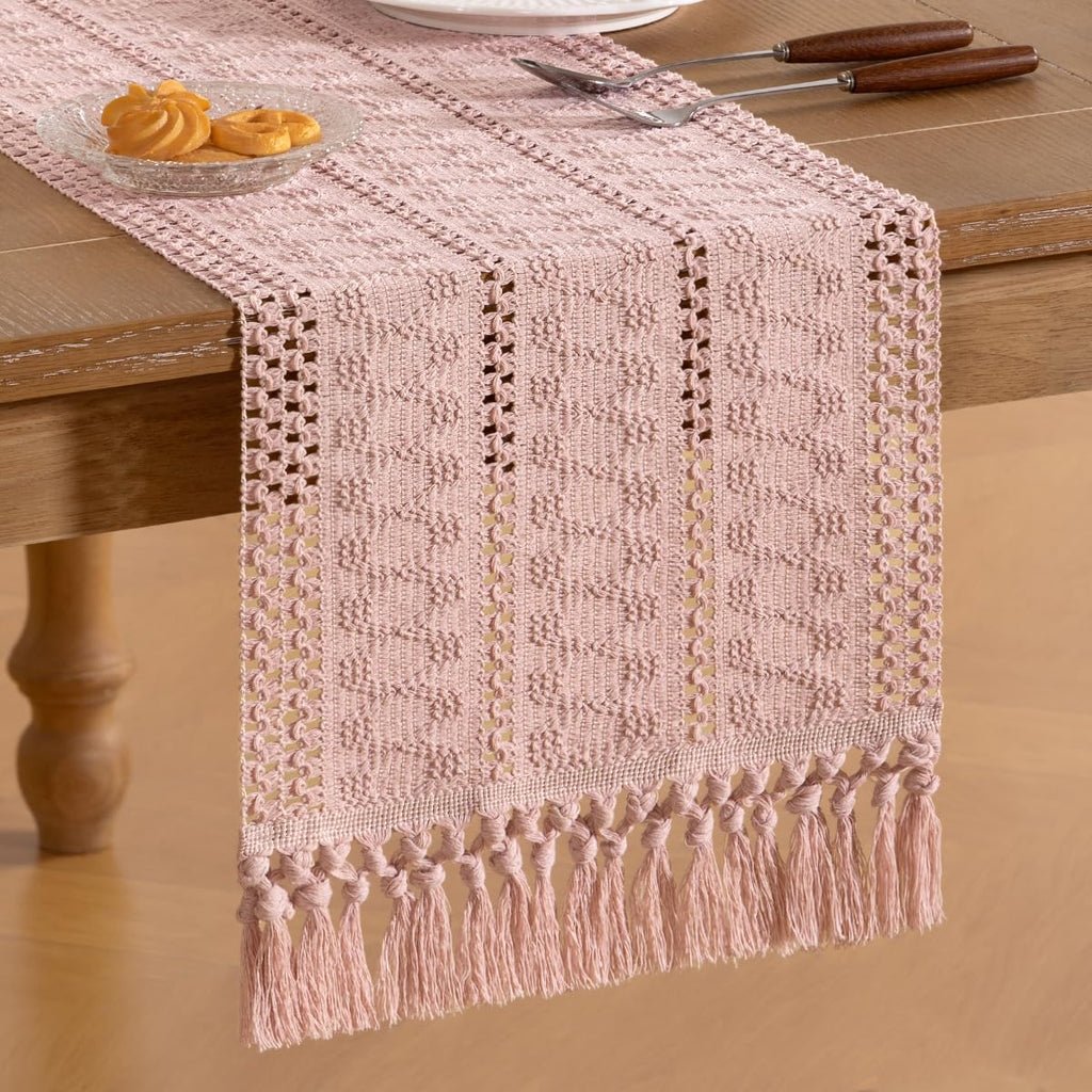 Socomi Boho Table Runner - Rustic Macrame Woven Cotton for Spring Decor | 12x36 in Pink