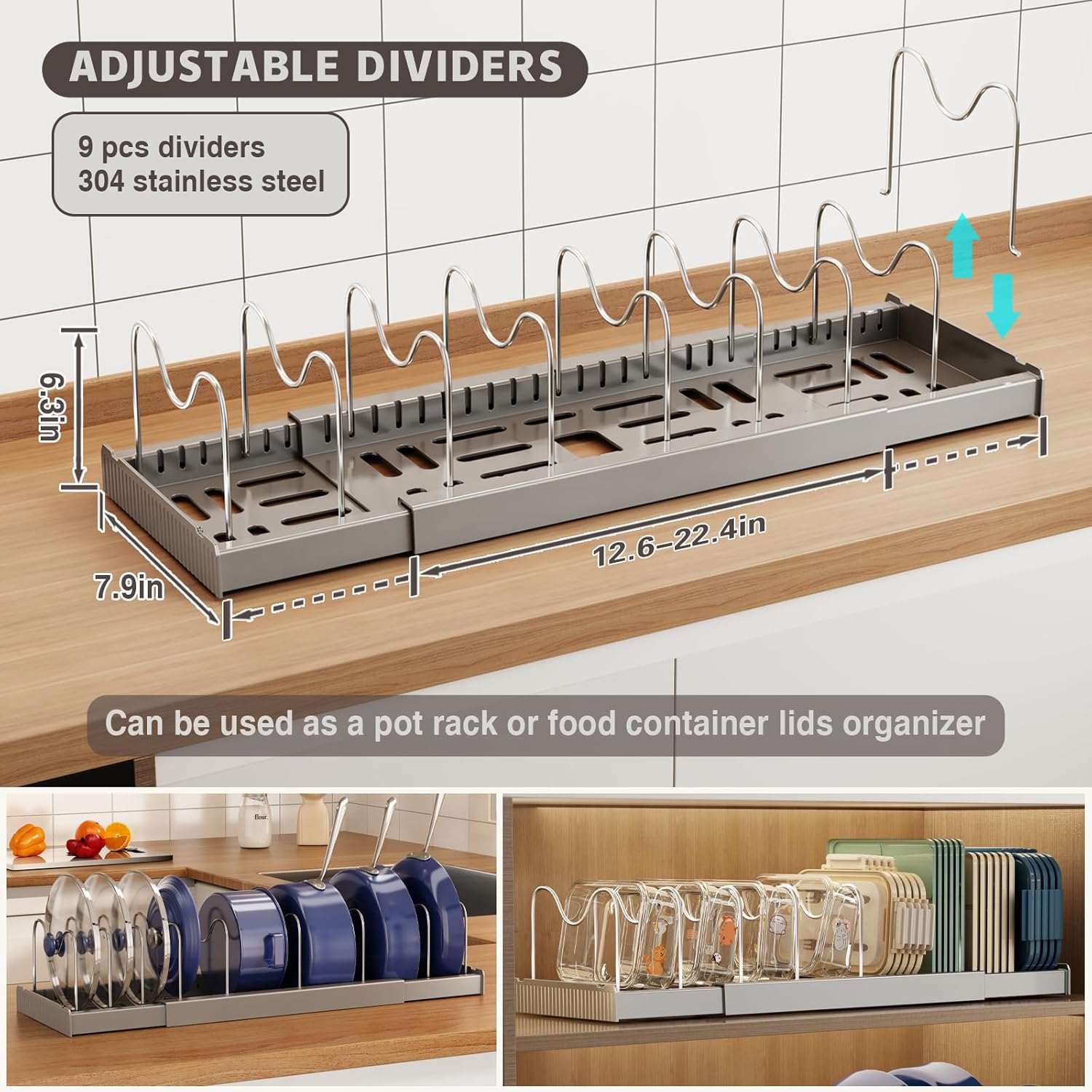Magheo Expandable Food Storage Container Lid Organizers - 22" Under Cabinet Rack with 9 Adjustable Dividers (Gray)
