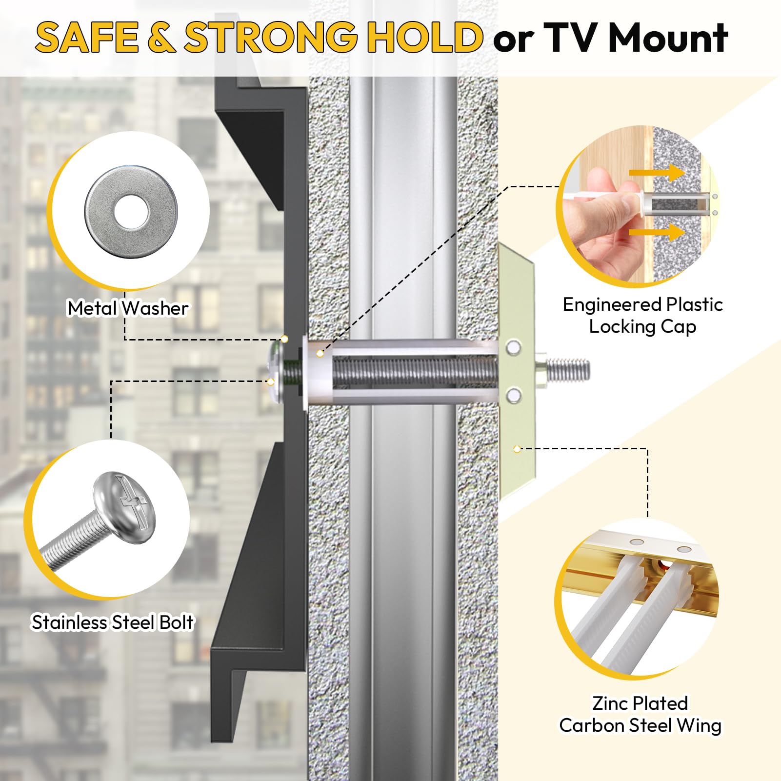 Steel Stud TV Mounting Kit – Heavy-Duty Metal Stud TV Mount Kit for Tilt & Low-Profile TVs, Includes 6 Drywall Anchors (1/4”-20), Bolts, Steel Drill Bit & Mounting Hardware