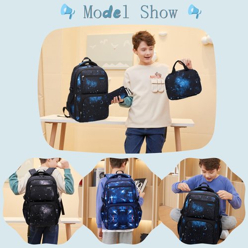 3Pcs Galaxy Kids Backpack Set for Boys with Insulated Lunch Bag, Water-resistant Boys Backpacks for School Capacity Elementary Bookbags, 3 Pieces-Galaxy-Black