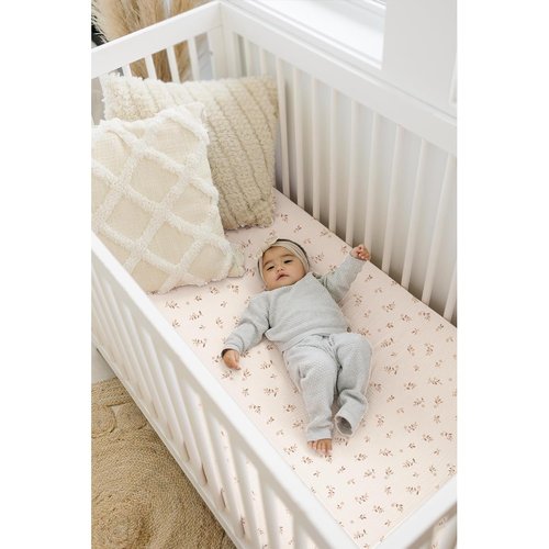 Konssy Muslin Crib Sheets - Soft & Breathable Cotton Baby Sheets | 2 PCS for Standard Crib Mattress, 52"x28" (Pink Sun & Khaki Leaf)