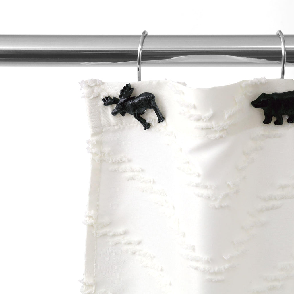 Bear & Deer Shower Curtain Hooks：12 Pcs Black Rustic Cabin & Christmas Reindeer Decorative Hooks Rustproof Stainless Steel Rings - Farmhouse Lodge Western & Woodland-Themed Bathroom Home