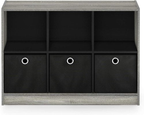 Furinno Basic 3x2 Cube Storage Bookcase - Stylish Organizer with Bins | French Oak Grey/Black