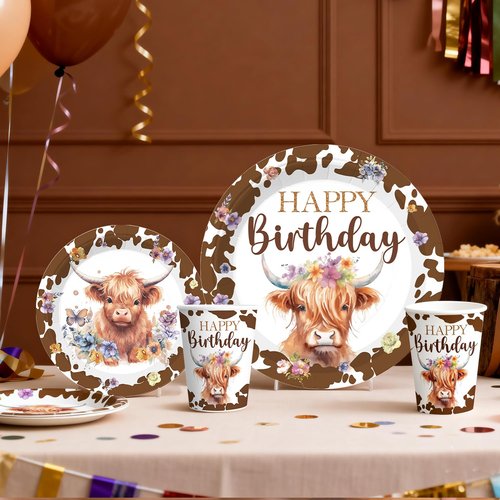 cocomigo 300 PCS Highland Cow Birthday Decorations, All-in-One Party Pack with Backdrop, Balloon, Plates and Napkins, for Highland Cow Themed Birthday Party, Serves 25 Guests