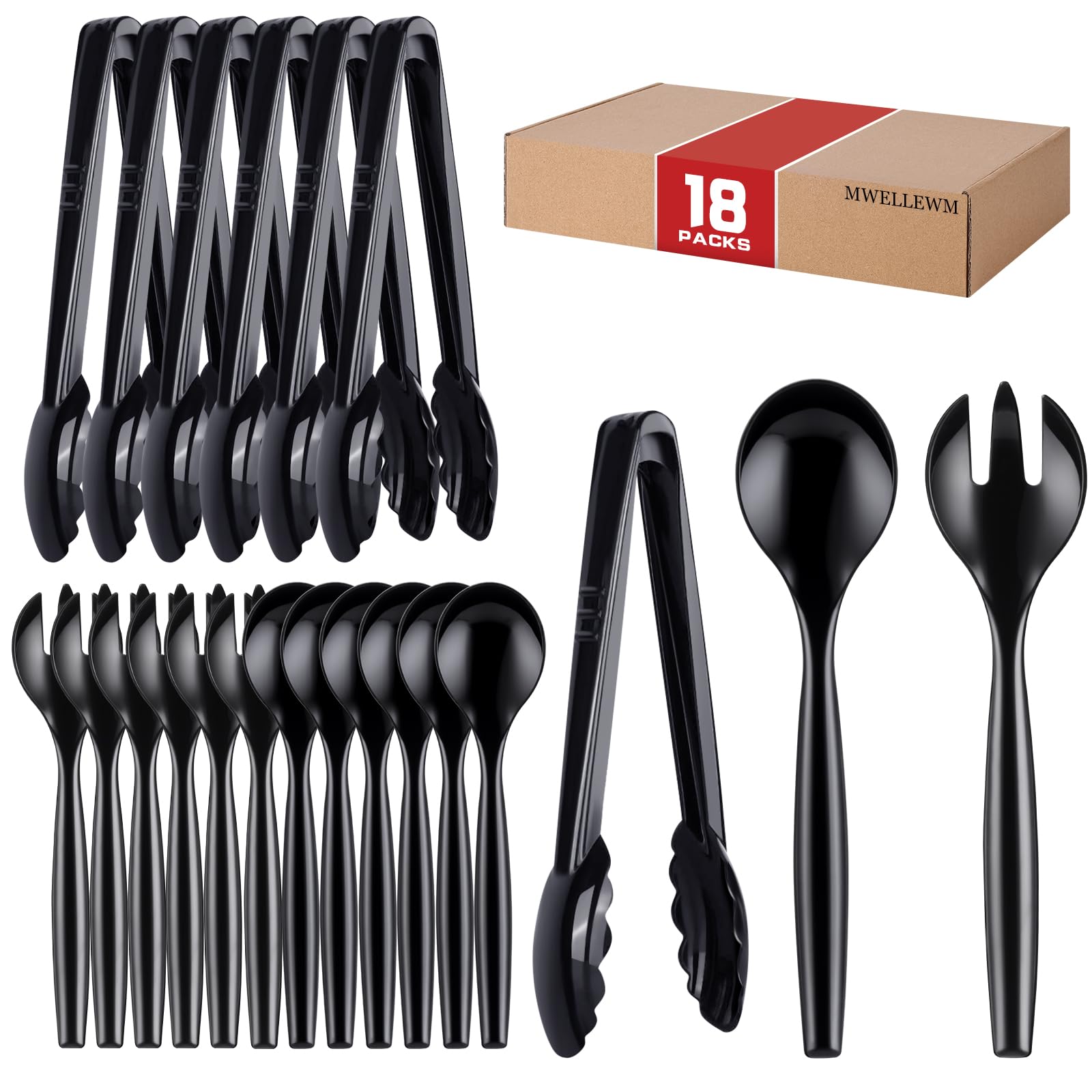 Mwellewm 18Pcs Serving Utensils, 10'' Plastic Serving Utensils Set, Disposable Serving Spoons for Buffet, Large Serving Tongs for Food, Heavy Duty Party Supplies for Salad Soup Cooking Catering(Black)
