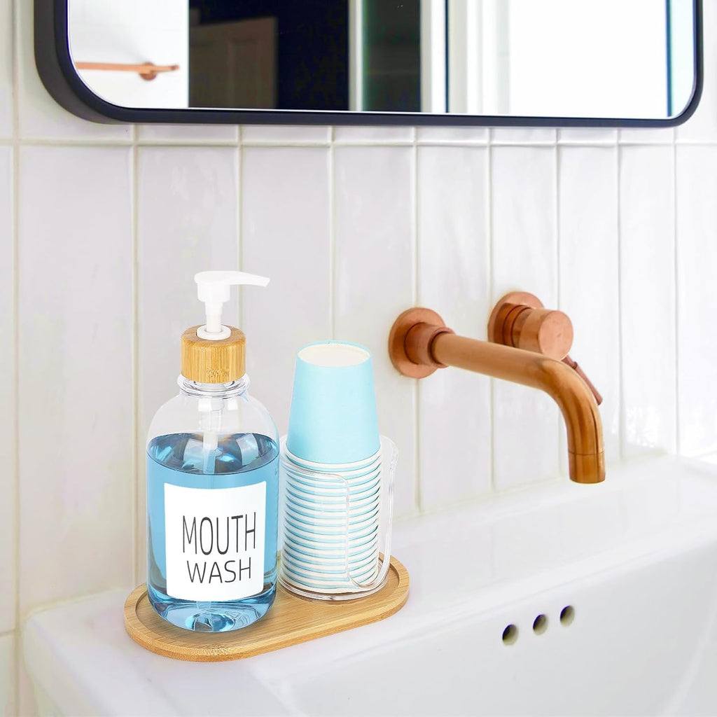 Regine Switzerland Mouthwash Dispenser - 17oz Refillable Clear Pump Bottle with Tray for Bathroom Organization
