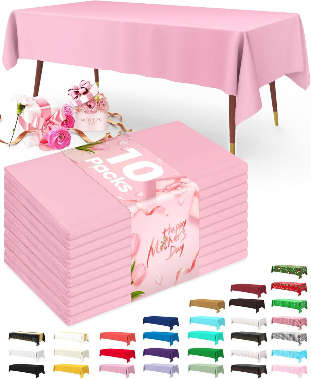 Pureegg Disposable Plastic Tablecloths - 10 Pack, 54 x 108 Inch, Leakproof & Sturdy, Pink for Easter & Celebrations