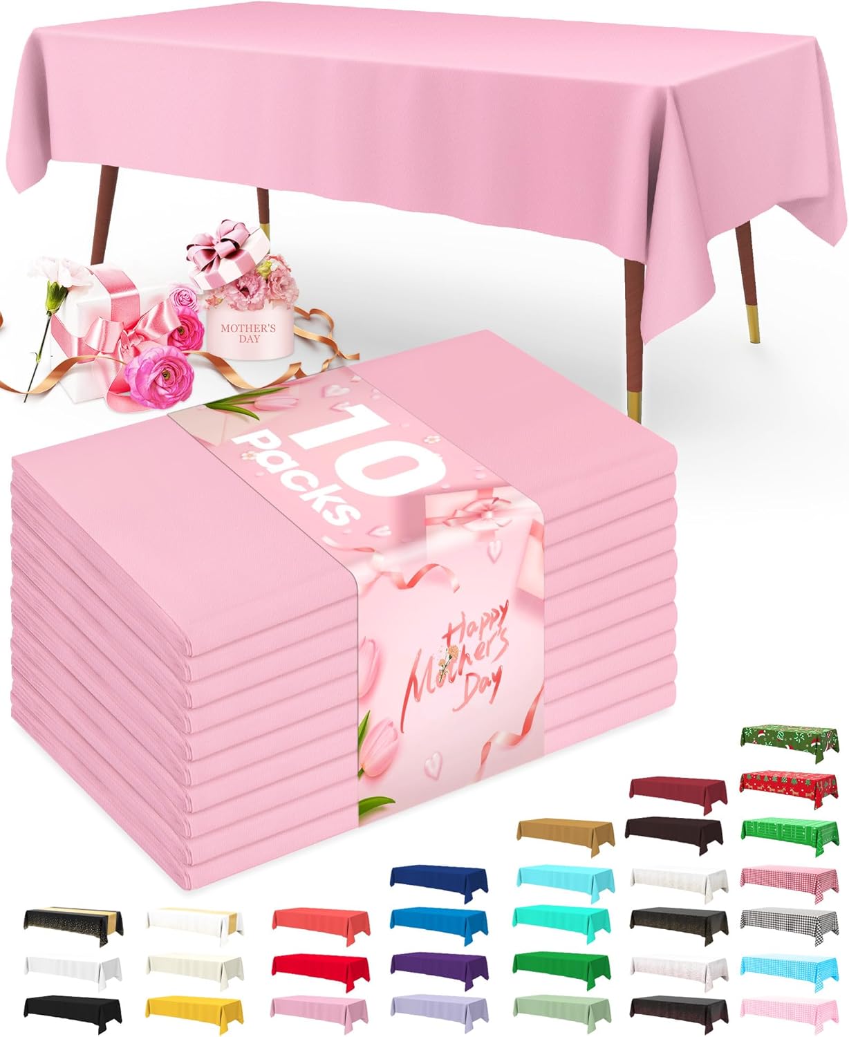 Pureegg Disposable Plastic Tablecloths - 10 Pack, 54 x 108 Inch, Leakproof & Sturdy, Pink for Easter & Celebrations