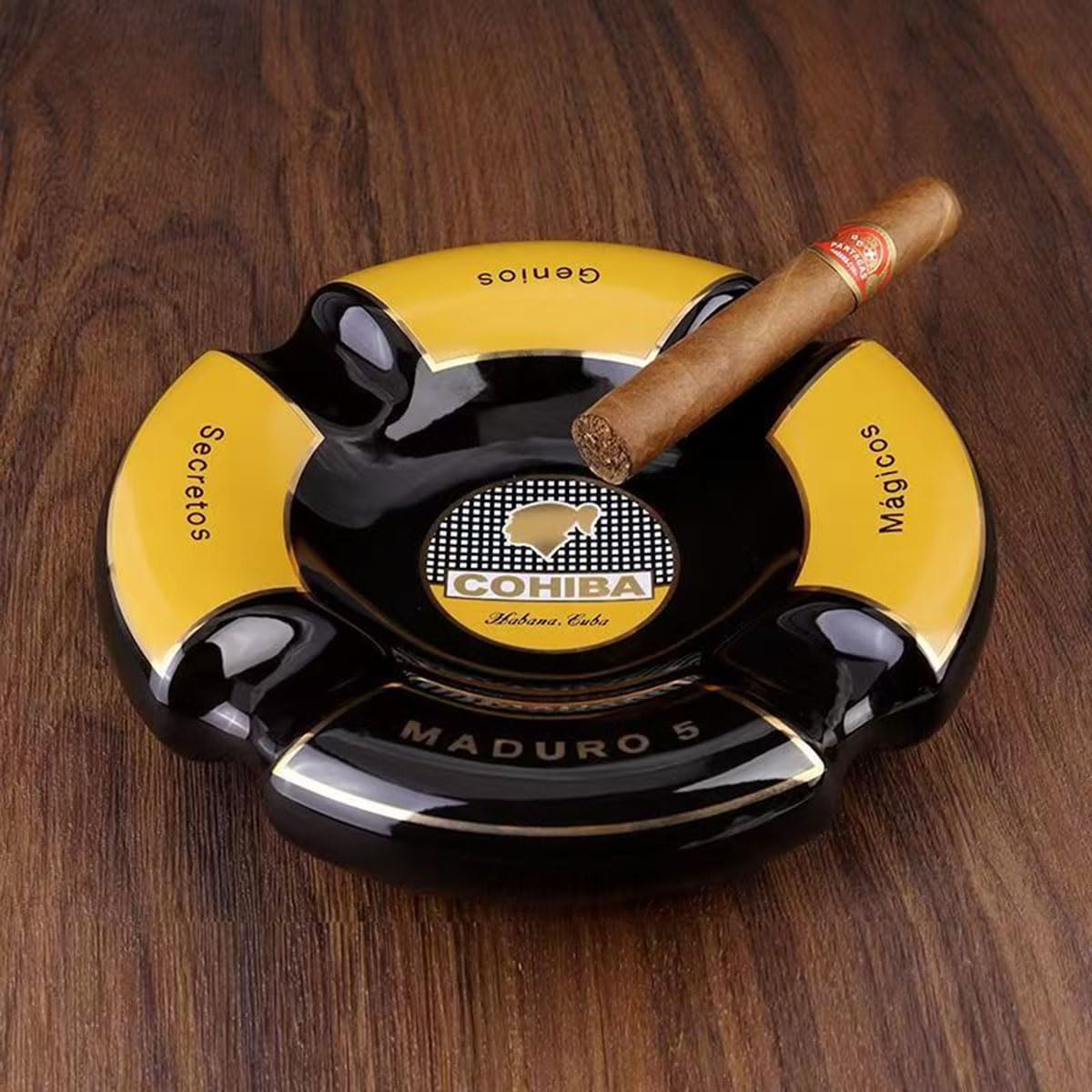 5 Cigar Ashtray, Black and Gold, Round Ceramic, 4 Rests