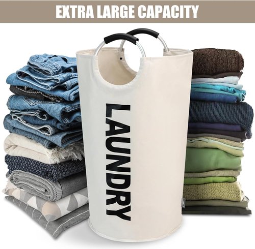 DOKEHOM X-Large Laundry Basket - Collapsible Freestanding Hamper | Beige Foldable Washing Bin