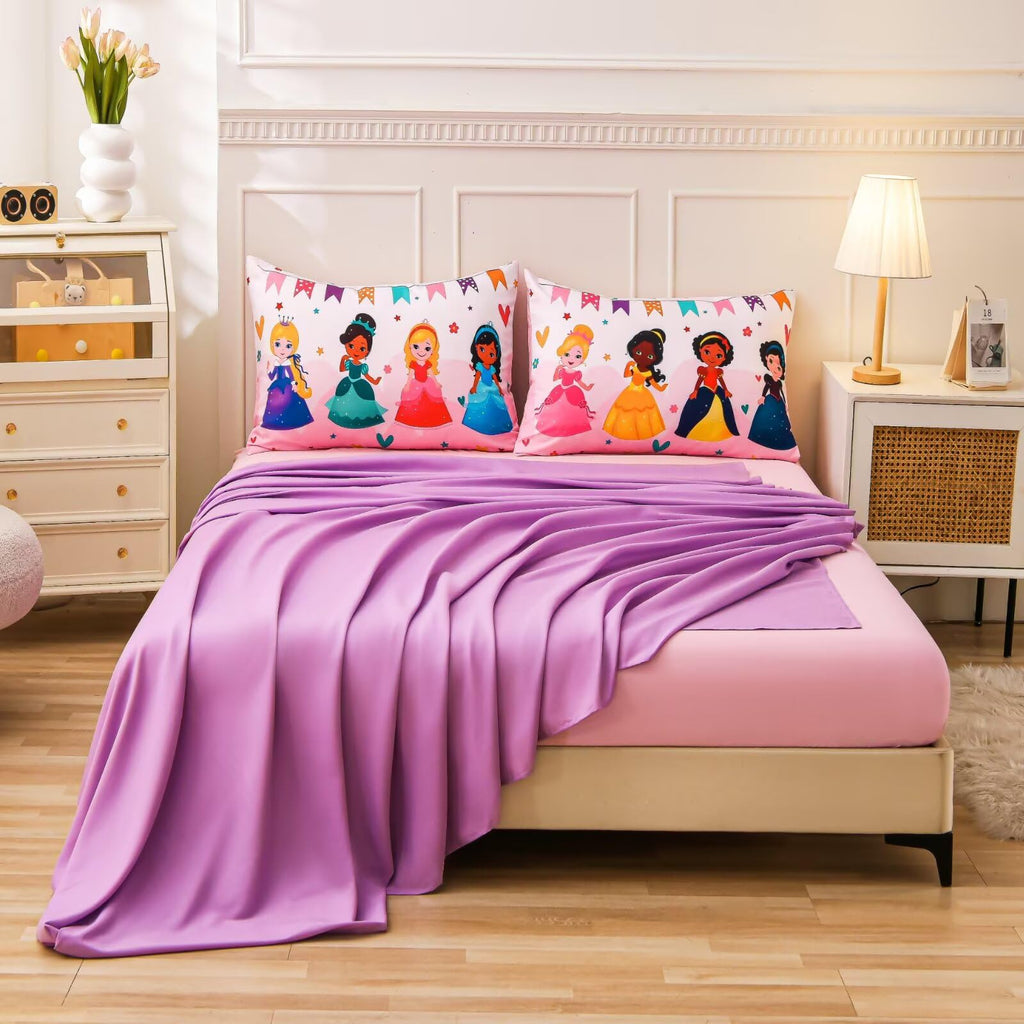 GRAT TIOC 6 Pieces Pink Princess Comforter Set for Girls Twin,Bed in A Bag Princess Bedding Set for Girl Kids (1 Comforter,1 Flat Sheet,1 Fitted Sheet,2 Pillowcases and 1 Cushion Cover)