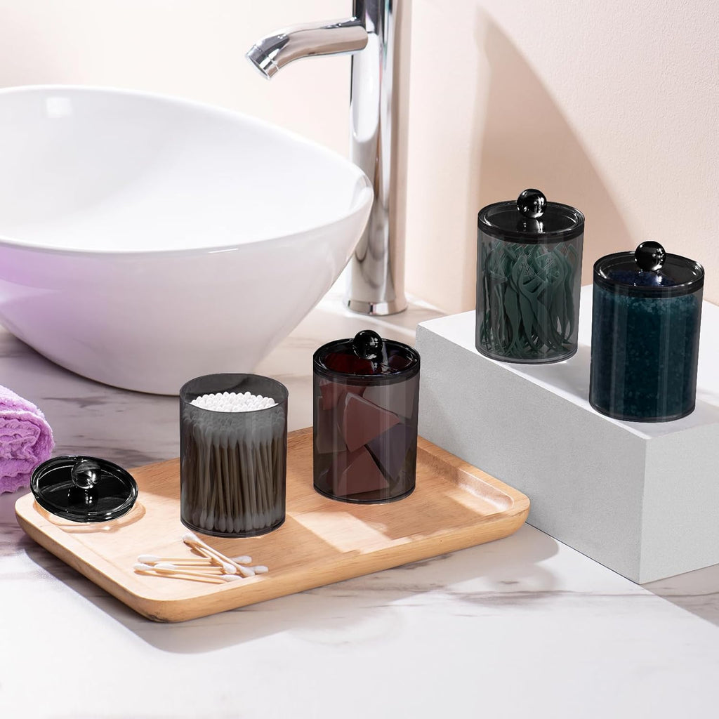 XIPENGKEJI Qtip Holder Set - 4 Pack Apothecary Jars with Lids for Bathroom Organization | 10oz-12oz Black