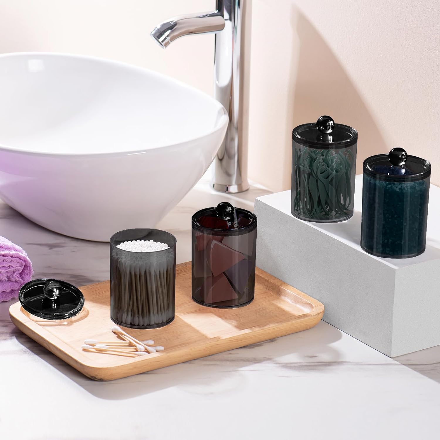 XIPENGKEJI Qtip Holder Set - 4 Pack Apothecary Jars with Lids for Bathroom Organization | 10oz-12oz Black