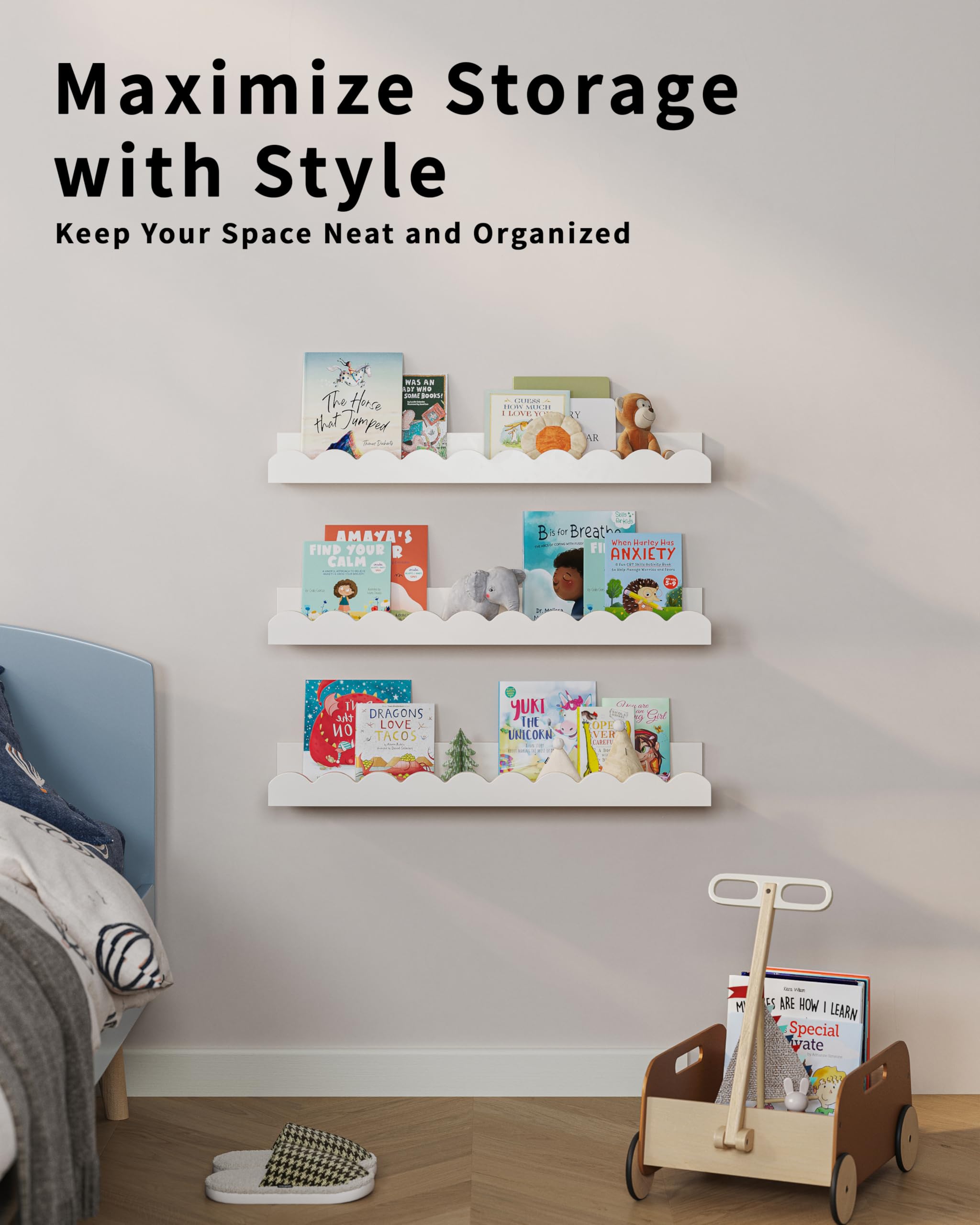 G&W Gruwald Nursery Book Shelves, Set of 3, Nursery Decor for Baby and Toddler, Scalloped Shelves, Book Shelf for Kids Rooms, Wall Book Shelf for Bedroom Kids