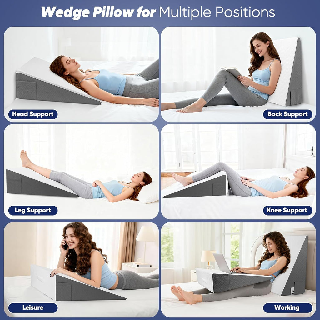 Skiennix Bed Wedge Pillow - 8 Inch Incline for Back Support & Leg Elevation | Cooling Memory Foam