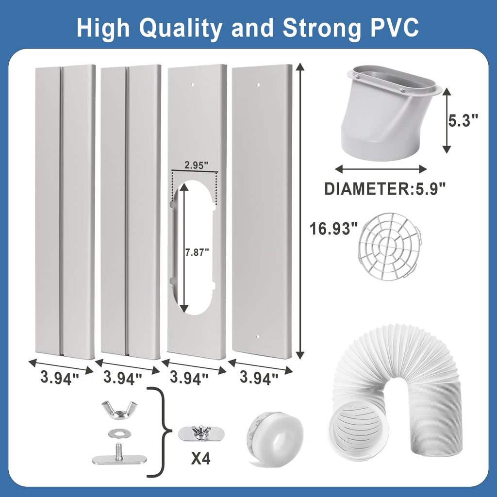 Aukney Portable AC Window Vent Kit, Adjustable Vertical/Horizontal Sliding Window Kit Plate for AC Unit, Seamless Portable AC Window Seal with 5.9 Inch Diameter, 59 Inch Length Exhaust Hose