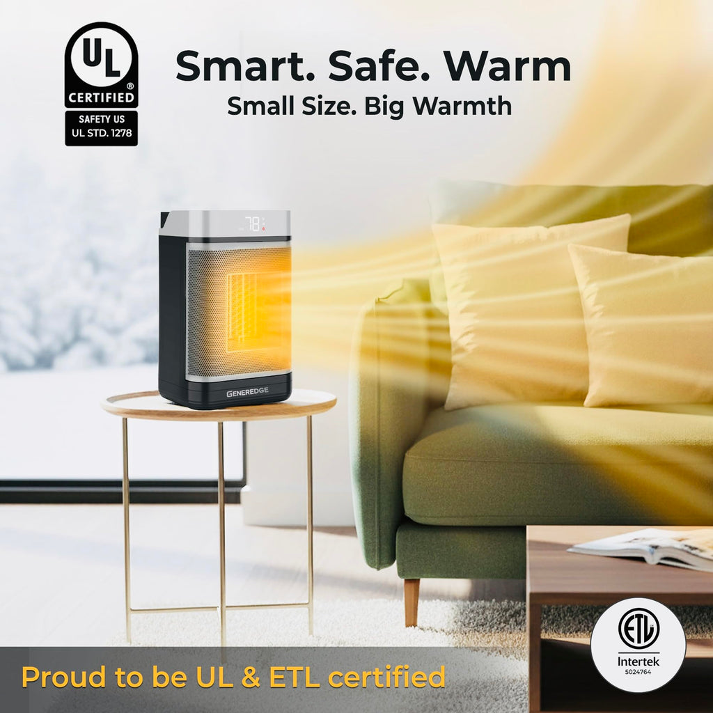 GENEREDGE Portable Space Heater for Indoor Use - 1500W PTC Electric Heater with Digital Thermostat, Remote Control, 80°Oscillation, Timer, Fan & Quite Eco Mode, Rapid and Safe Heating for Bedroom