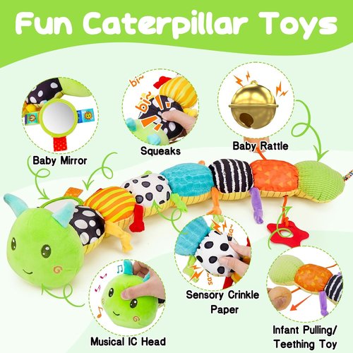 Baby Sensory Toy - Plush Caterpillar Music Rattle with Mirror | Ideal for Infants 0-12 Months