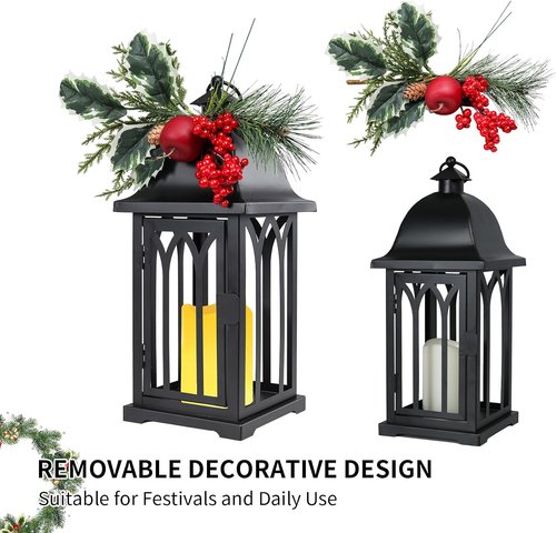 Bdor Christmas Lanterns - Set of 2 Black Decorative Candle Lanterns with LED Flameless Candle | 15" Tall Holiday Decor