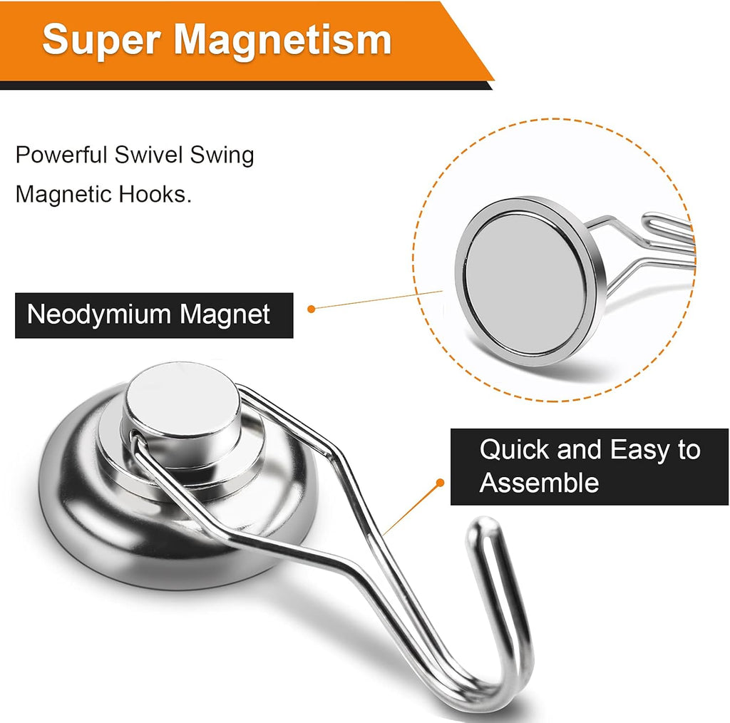 Powerful Magnetic Hooks by Swivel Swing - Heavy Duty Neodymium for Refrigerators | Pack of 7, 68mm Length