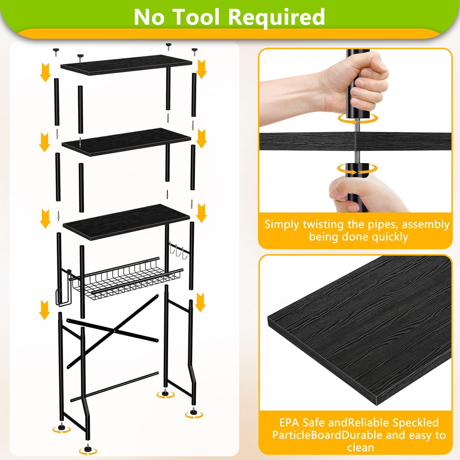 Mlinavn Over-The-Toilet Storage Rack, 4-Tier Bathroom Organizer Shelf Over Toilet with Adjustable Shelf and Basket, Freestanding Space Saver Bathroom Shelves Above Toilet for Room (Black)