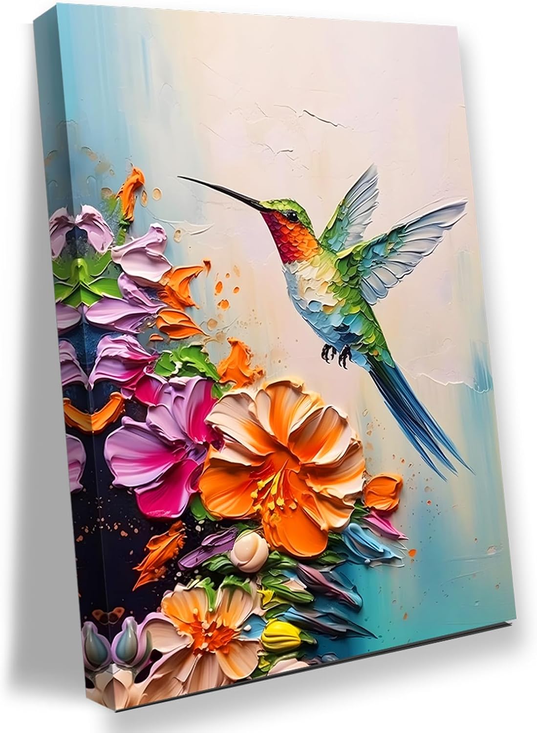 Skiennix Hummingbird Wall Art - Colorful 2D Canvas Print with Spring Flowers | 16x24 in Stretched Frame