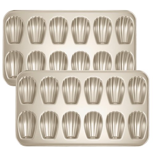 Shinsin Madeleine Pans Set of 2, Nonstick 12-Cavity Madeleines Mold Cookie Tray for Baking, Heavy Duty Warp Resistant Cute Shell Shape Madeleine Mold Cake Pan-Gold